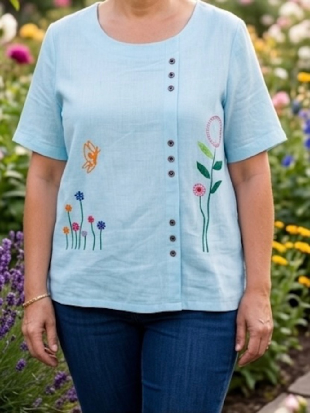 SZ XL Beautiful Embroidered Women's Blue Blouse short sleeve 100% Cotton